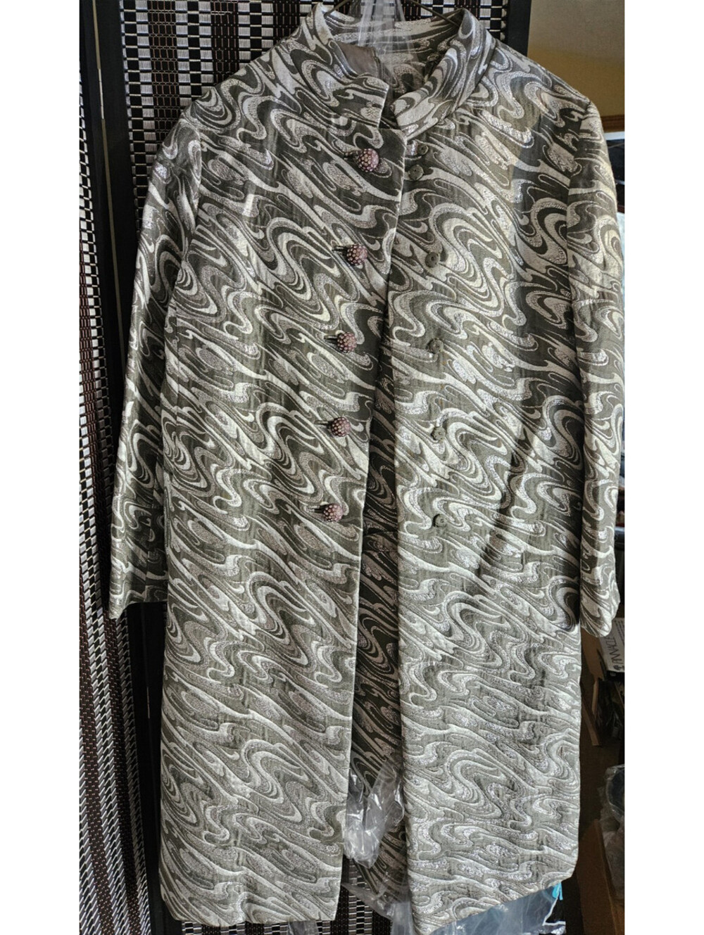 Vintage Silver Brocade Dress & Coat Suit Metallic Rhinestone Swirls Mod Set